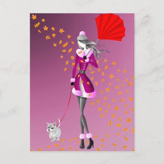 Chien & Dame Feuilles d'automne Carte postale rose (Devant)
