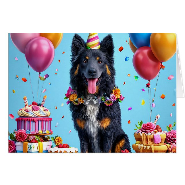 Chien d'anniversaire avec gâteau et ballons (Devant horizontal)