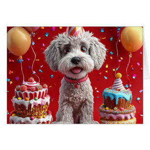 Chien d'anniversaire avec gâteau et ballons
