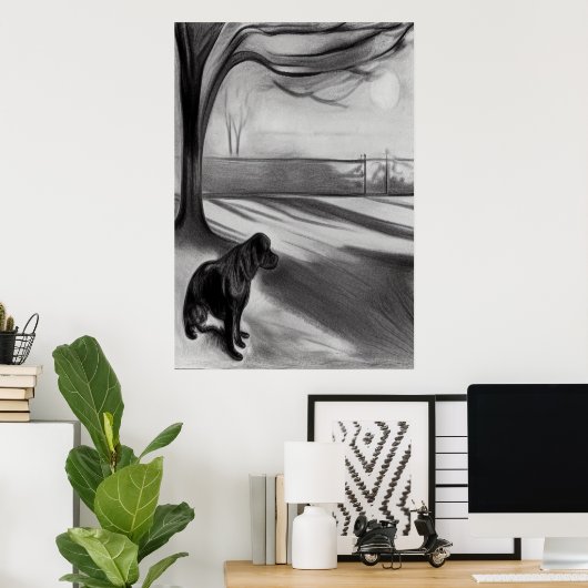 Chien dans le parc noir et blanc AI Art Poster (Bureau à domicile)