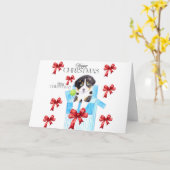 Chien dans une boîte bleue Carte de Noël avec arcs (Fleur jaune)