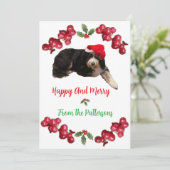 Chien de fête portant une carte de vacances Santa  (Debout devant)