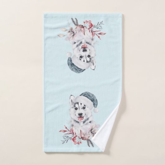 Chien de Noël Husky dans un chapeau de Père Noël (Serviette à main)