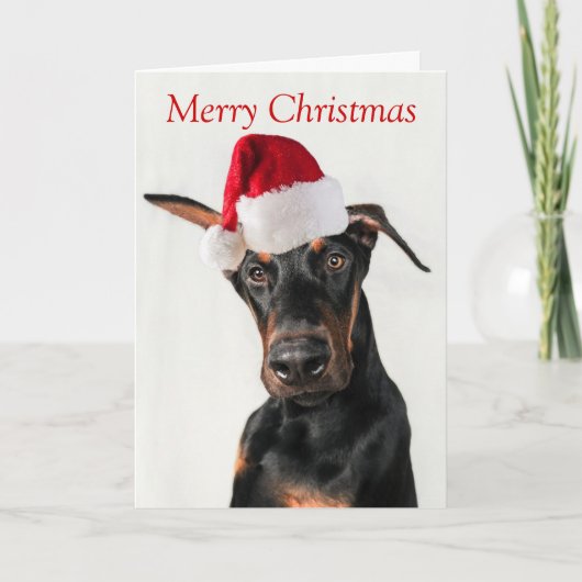 Chien Doberman avec la carte de Noël de Santa Hat (Devant)