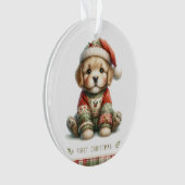 Chien en pull patchwork et chapeau de Père Noël (devant)
