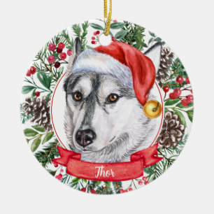 Chien Husky Custom Santa Hat Ornement de Noël