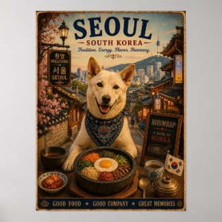 Chien Jindo à Séoul Affiche de voyage vintage