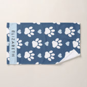 Chien Paws, White Paws, Blue Hearts, Votre Nom (Serviette à main)