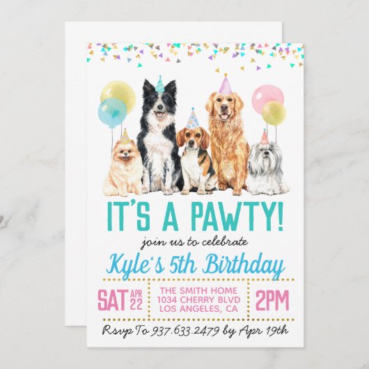 Chien Puppy Paw-ty Invitation d'anniversaire (Devant / Derrière)