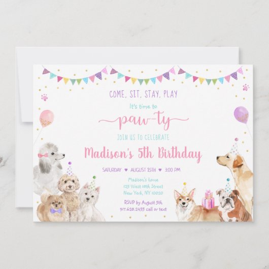 Chien rose Gold Girl Anniversaire Invitation (Devant)