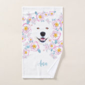 Chien Samoyed et fleurs roses, nom customisé (Serviette à main)