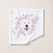 Chien Samoyed et fleurs roses, nom customisé (Gant de toilette)