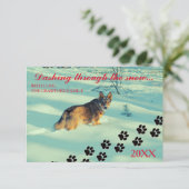 Chien se précipitant dans la neige - Carte de Noël (Debout devant)