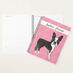 Chien Terrier Noir de Boston sur coeurs roses et t