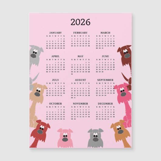 Chiens Colorés Calendrier 2026 Carte Magnétique (Devant)