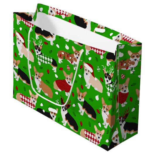 Chiens de Noël Corgi Grand sac cadeau (Devant Angle)