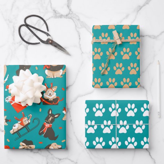 Chiens de Noël Festif Enveloppement Papier Set de  (Recto)