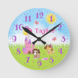 Chiens de uppy Castle Rose et Violet Horloge ronde