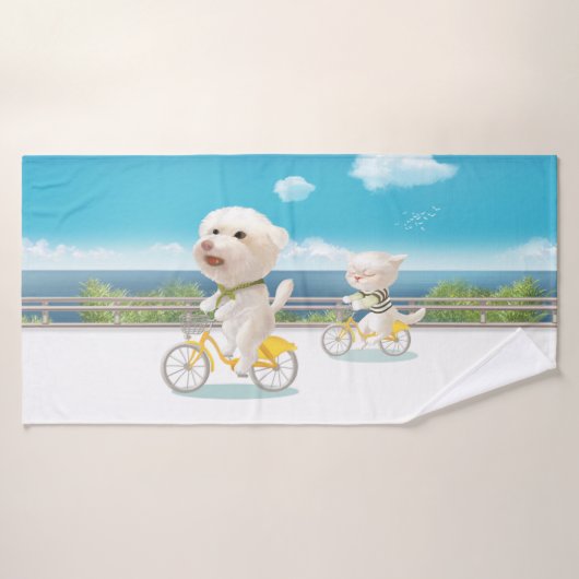 Chiens et chats Vélo en mer (Serviette de bain)