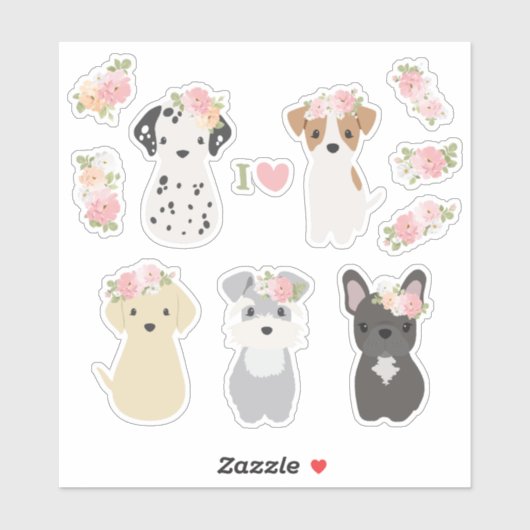 Chiens mignons avec Sticker Pack Fleurs (Feuille)