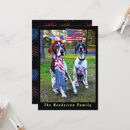 Chiens patriotiques et feux d'artifice Carte du jo (Devant/Arrière en situation)