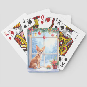 Chihuahua Besneeuwde Vensterbank Vakantie Kerst Ku Pokerkaarten