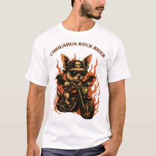 Chihuahua Bikerhond op Motorfiets met Vlammen T-shirt