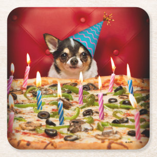 Chihuahua Birthday Pizza Pie Vierkante Kartonnen Onderzetter