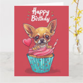 Chihuahua Cartoon Anime Cupcake Paws Kaart (Gele Bloem)