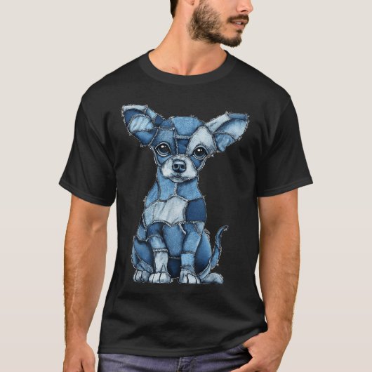 Chihuahua Dog Blue Denim Patchwork T-shirt (Voorkant)