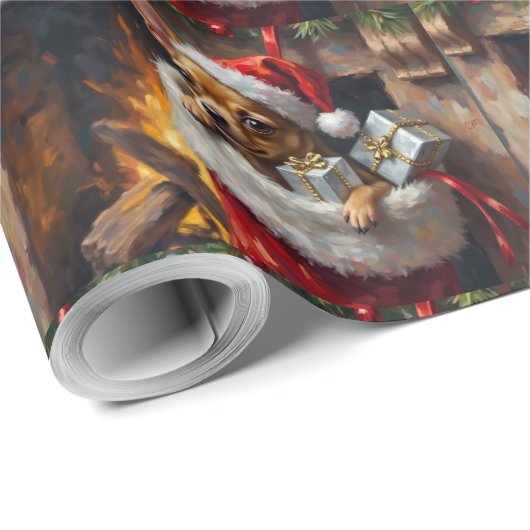 Chihuahua Dog Christmas Stocking Surprise Art Cadeaupapier (Rol Hoek)