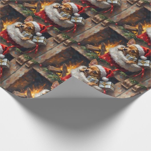 Chihuahua Dog Christmas Stocking Surprise Art Cadeaupapier (Hoek)