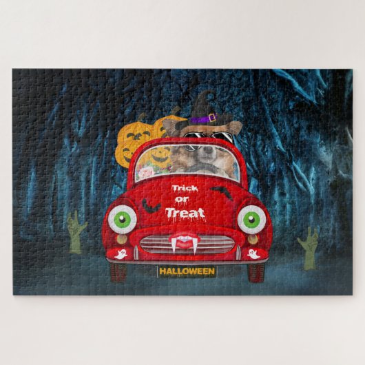 Chihuahua Dog Driving Car Scary Halloween Legpuzzel (Horizontaal)