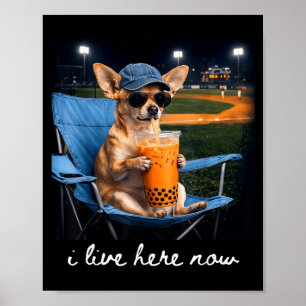 Chihuahua drinkt ijskoude koffie honkbalveld live poster