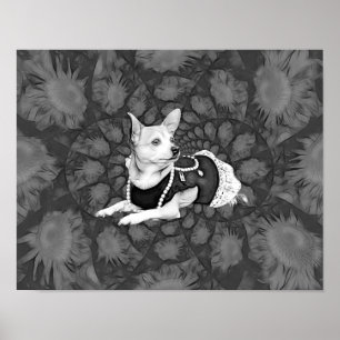 Chihuahua Floral zwart-witte hondenkunst Poster