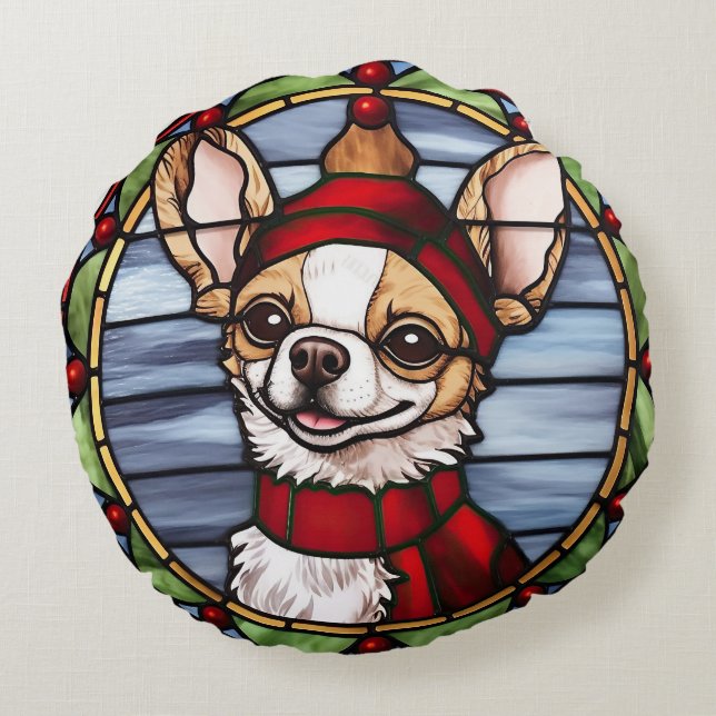Chihuahua Glas in lood Kerst Rond Kussen (Achterkant)