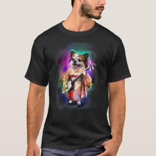 Chihuahua-hond in kimono speelt shamisen-gitaar in t-shirt