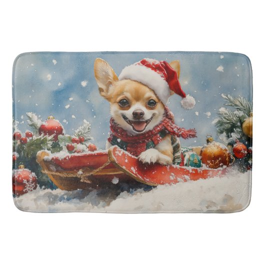 Chihuahua Hond in Sledge Laat het Sneeuw Kerstmis Badmat (Voorkant)