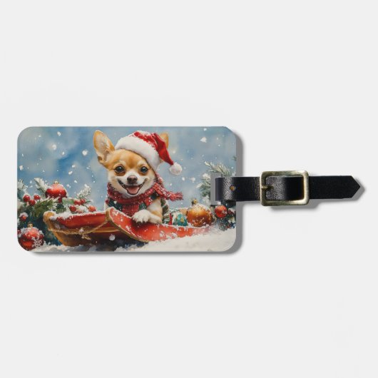 Chihuahua Hond in Sledge Laat het Sneeuw Kerstmis Bagagelabel (Voorkant horizontaal)