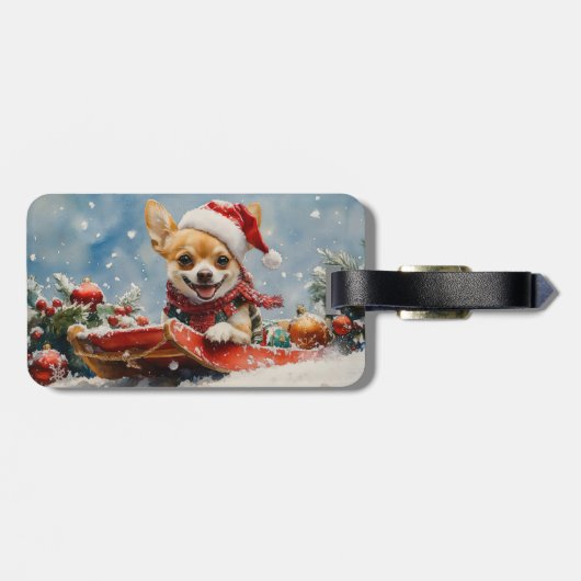 Chihuahua Hond in Sledge Laat het Sneeuw Kerstmis Bagagelabel (Achterkant horizontaal)