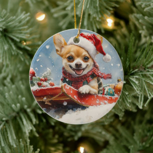 Chihuahua Hond in Sledge Laat het Sneeuw Kerstmis Keramisch Ornament
