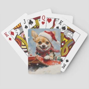 Chihuahua Hond in Sledge Laat het Sneeuw Kerstmis Pokerkaarten