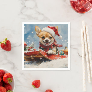 Chihuahua Hond in Sledge Laat het Sneeuw Kerstmis Servet