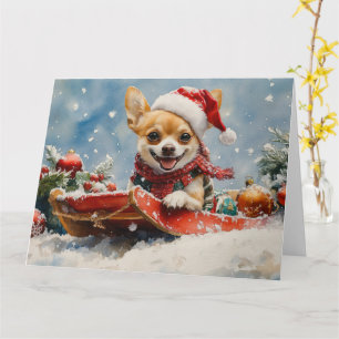Chihuahua-hond in slee Laat het sneeuwen Kerstmis Kaart