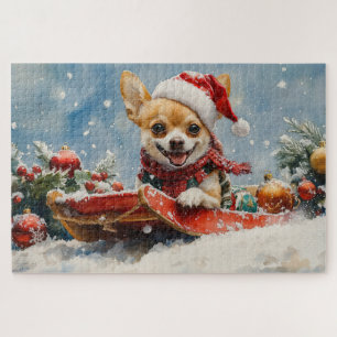 Chihuahua-hond in slee laat het sneeuwen Kerstmis Legpuzzel