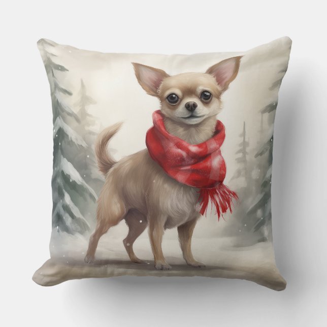 Chihuahua Hond in Sneeuw Kerstmis Kussen (Voorkant)