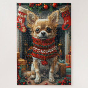Chihuahua-hond met kerstcadeaus open haard legpuzzel