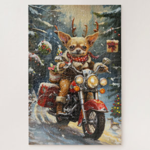 Chihuahua-hond rijdt op motorfiets met Kerstmis Legpuzzel