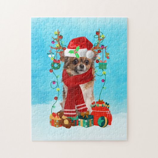 Chihuahua in sneeuw met kerstcadeaus legpuzzel (Verticaal)