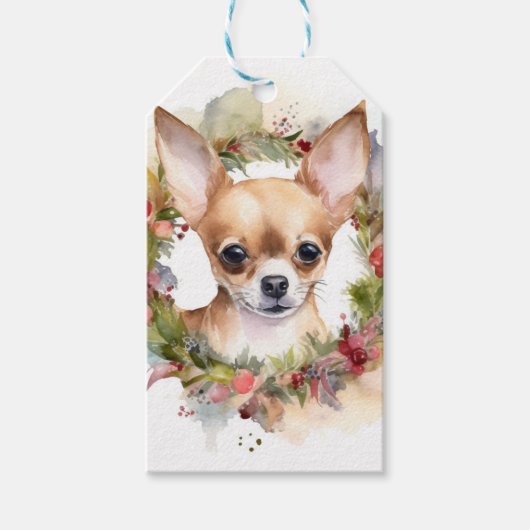 Chihuahua Kerstkrans Feestelijke Pup Cadeaulabel (Voorkant)